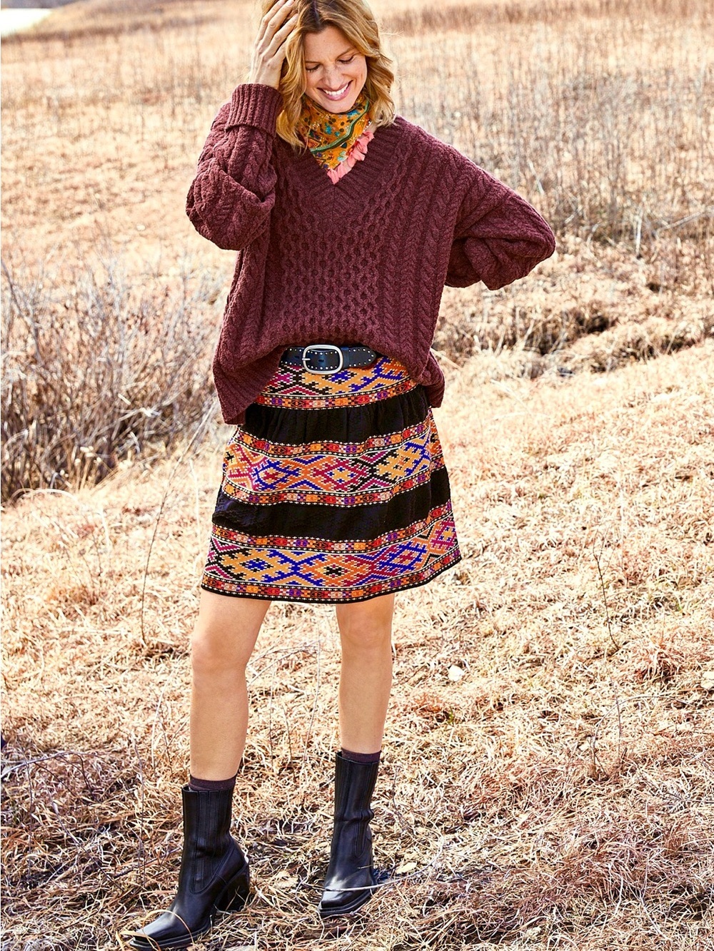 Peruvian Connection Asmaan Cotton Knit Skirt Small Boho Pattern